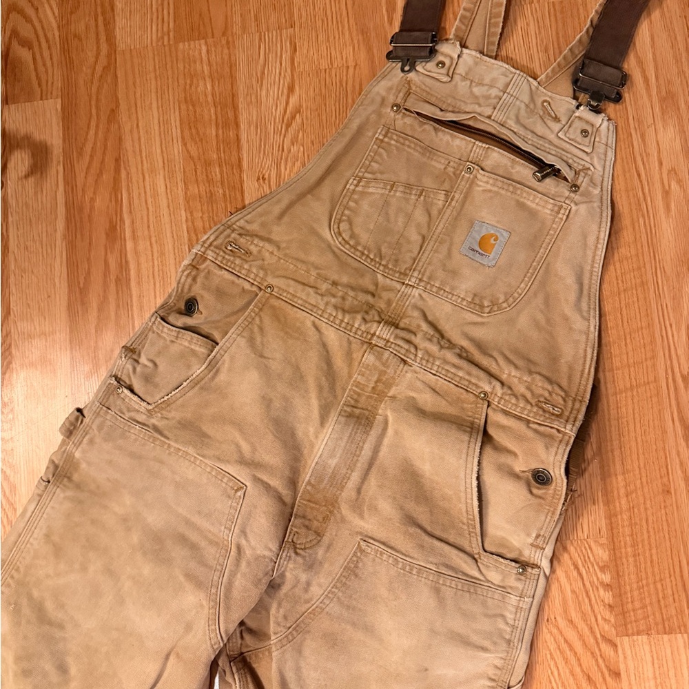 Carhartt Tan Canvas Bib Overalls with Brown Straps
